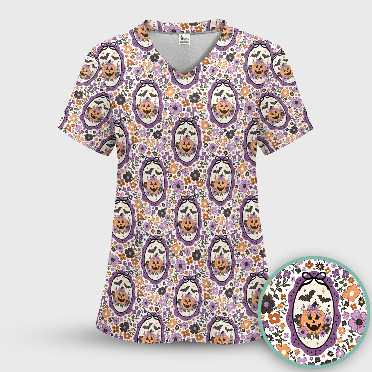 Pumpkin Floral Nurse Scrub Top - Halloween Gift