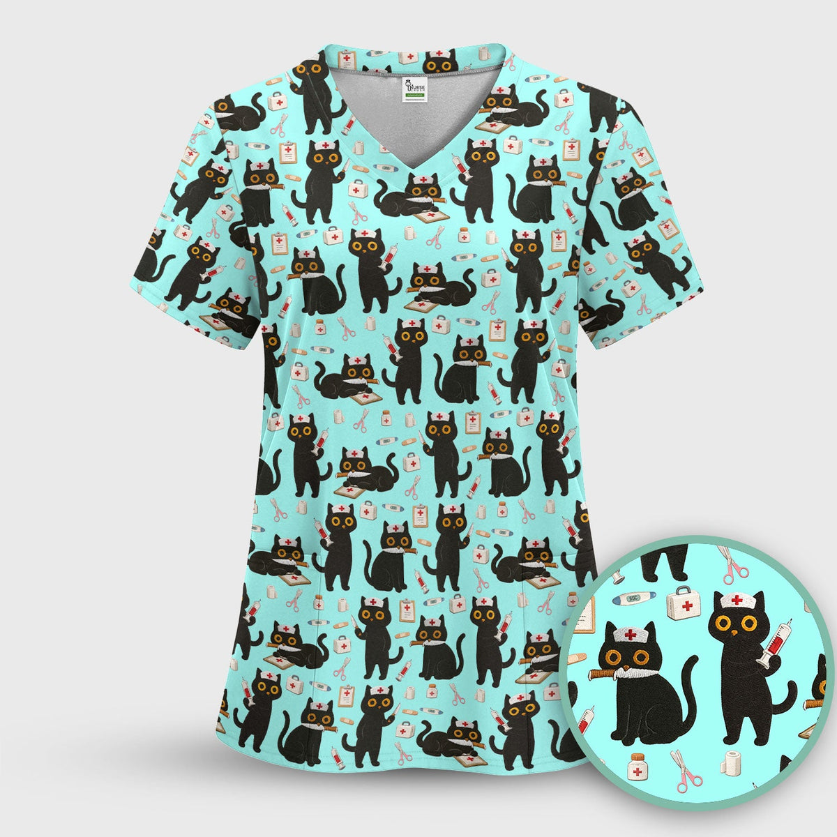 Cute Black Cat Nurse Scrub Top