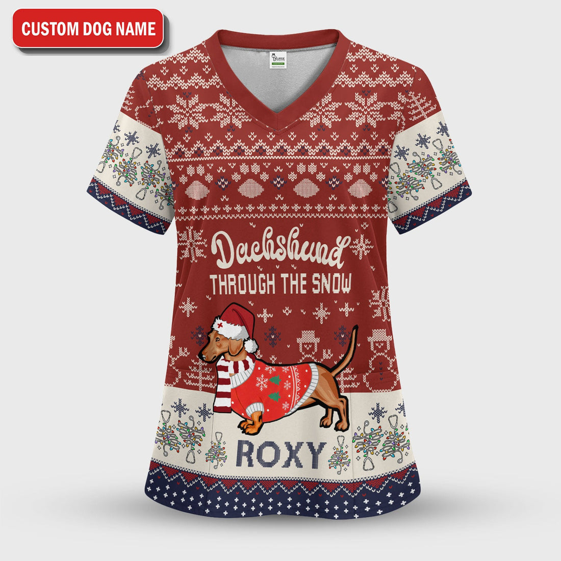Personalized Christmas Dachshund Snow Nurse Scrub Top