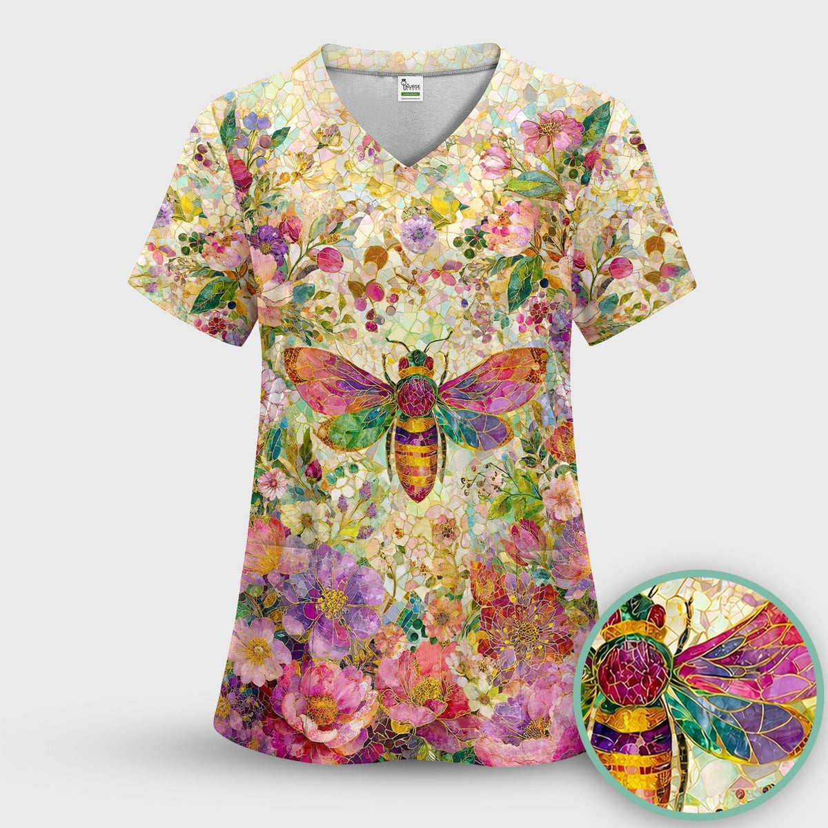 Vibrant Mosaic Bee Nurse Pattern Scrub Top, Comfortable Scrubs for Nurses