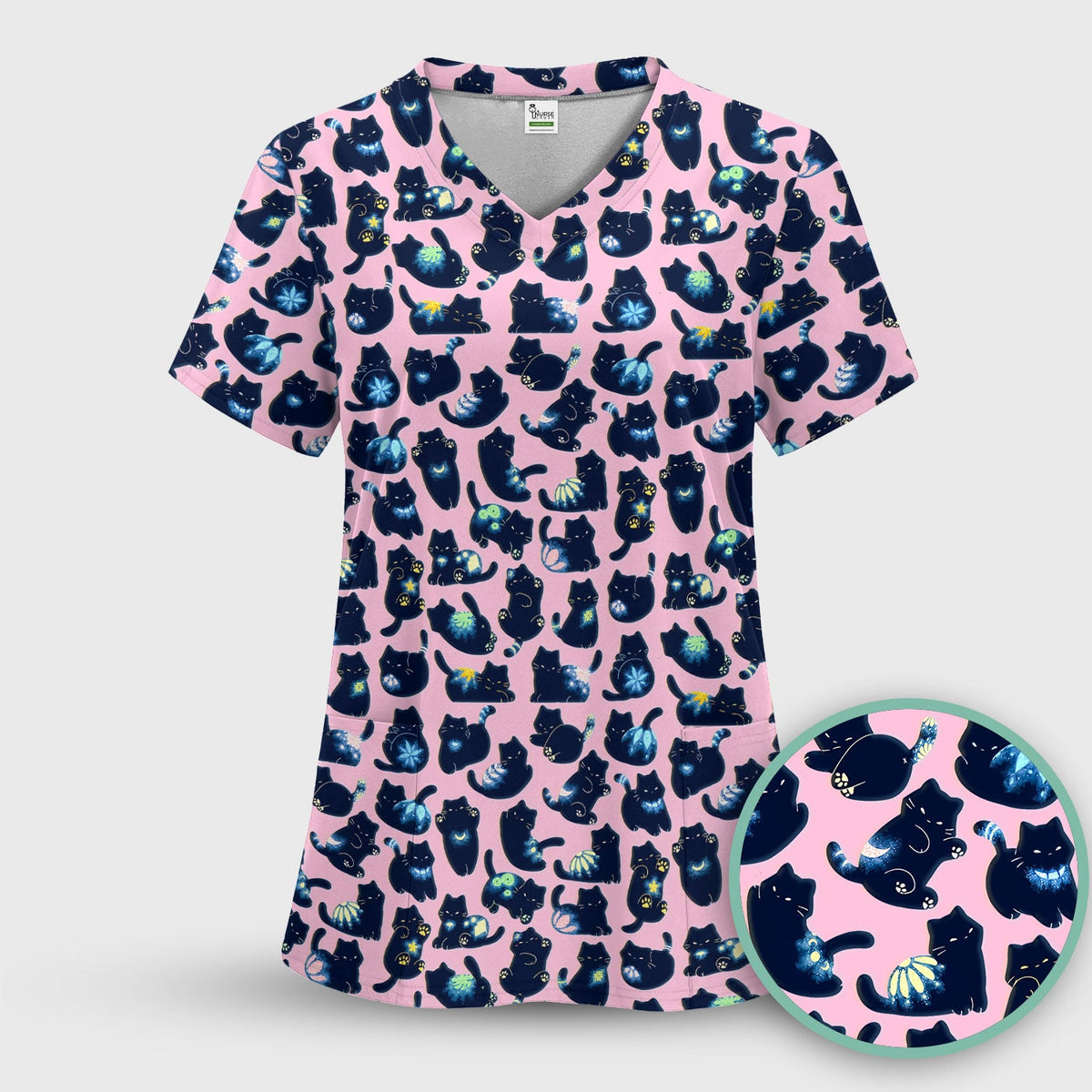 Midnight Black Cat Nurse Scrub Top