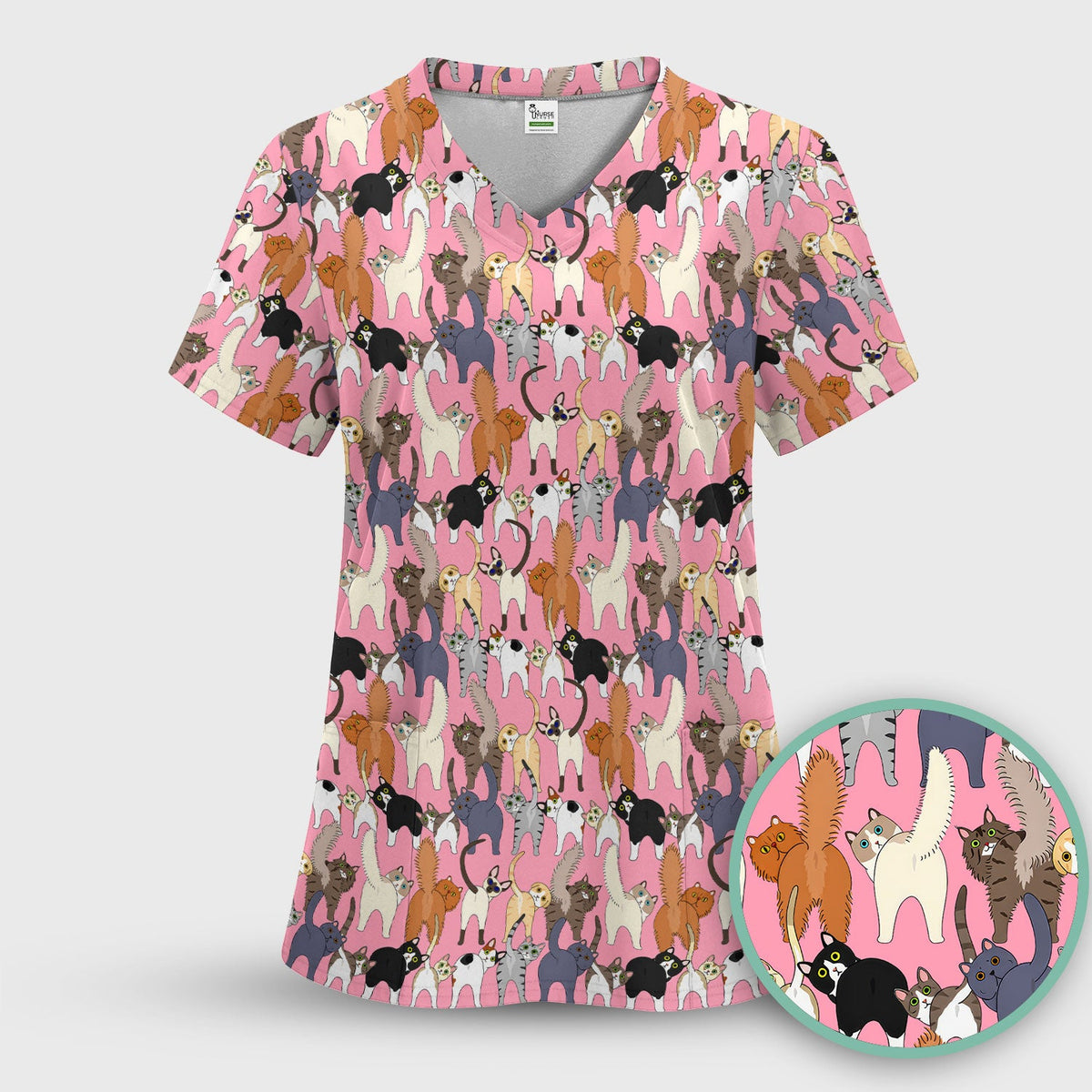 Whimsical Multicolor Cat Cartoon Nurse Scrub Set