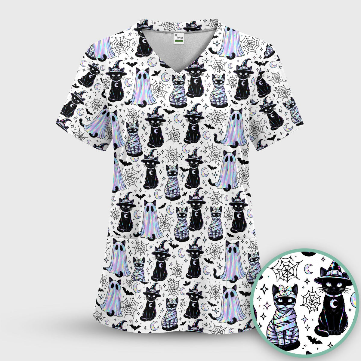 Ghost Witch Cat Nurse Scrub Set - Halloween Gift