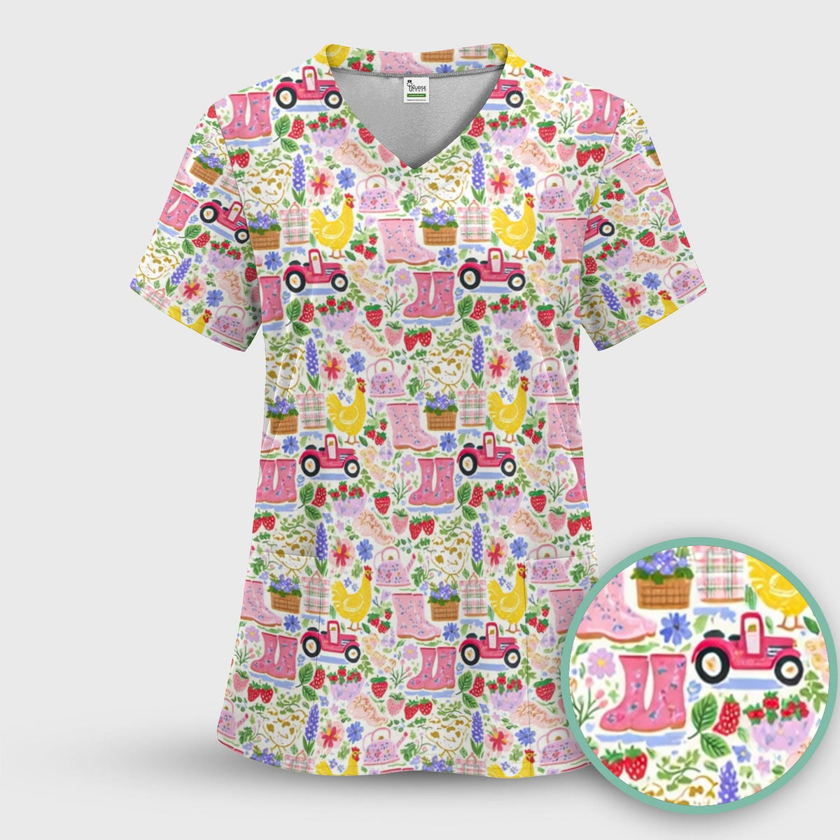 Floral Farm Boots Chicken Nurse Scrub Top