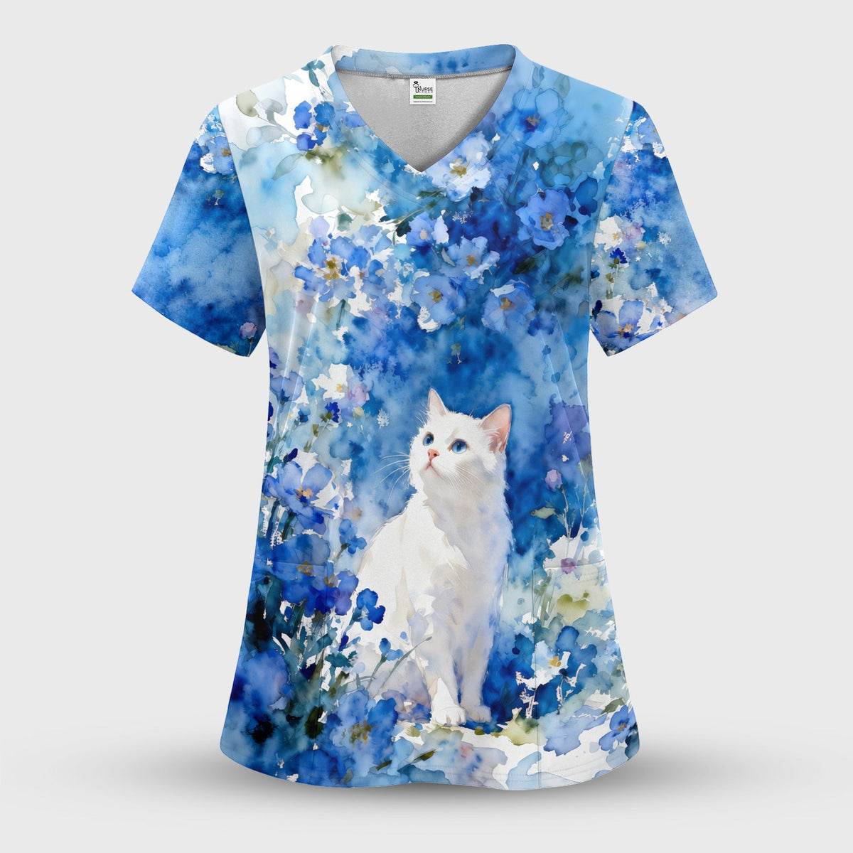 Adorable Blue Floral White Cat Nurse Scrub Set