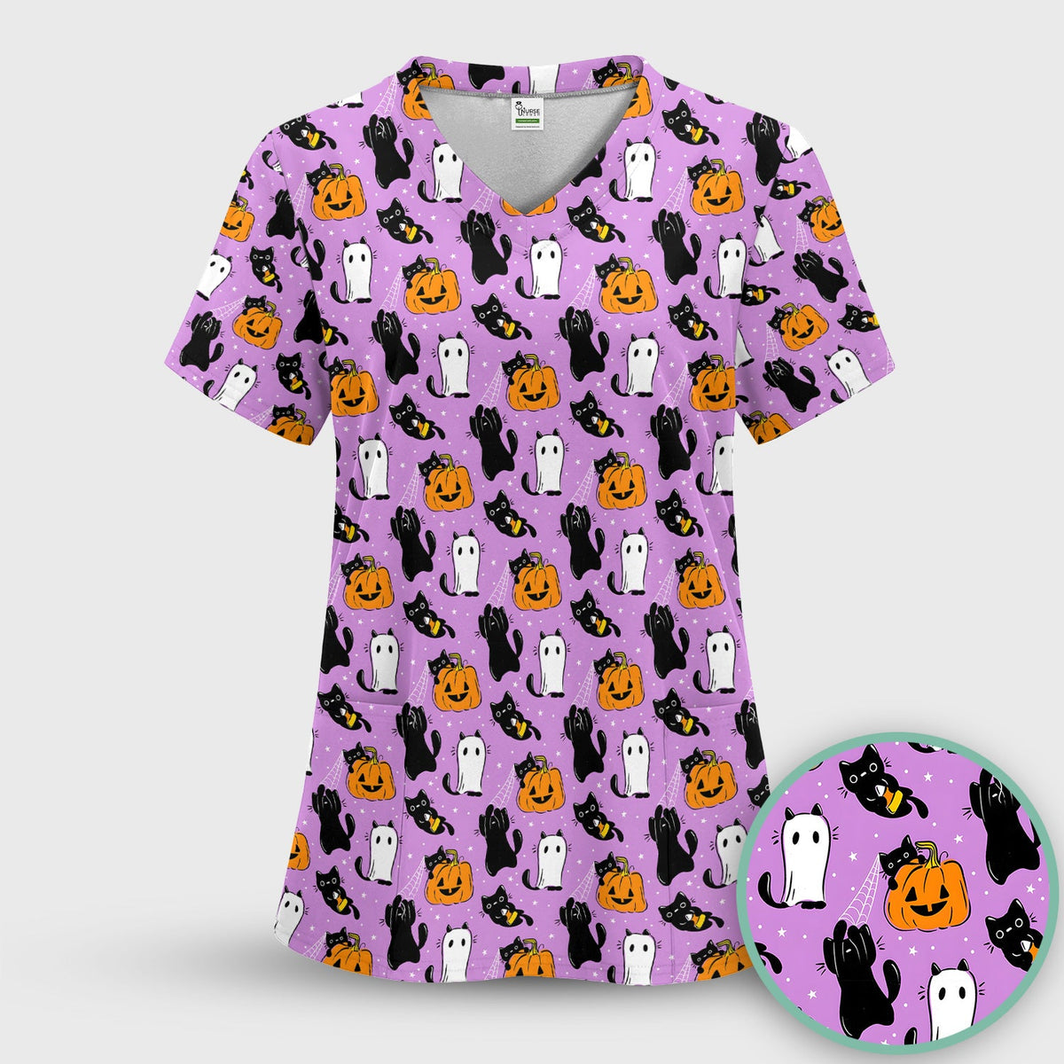 Purple Halloween Black Cat Nurse Scrub Top