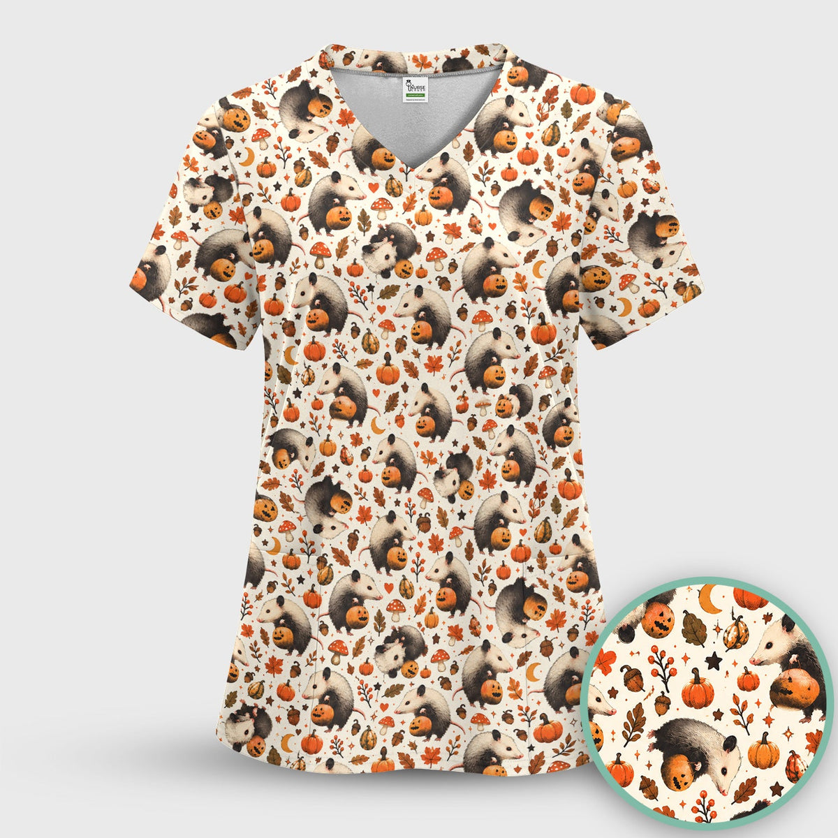 Opossum Pumpkin Patch Nurse Scrub Top - Halloween Gift
