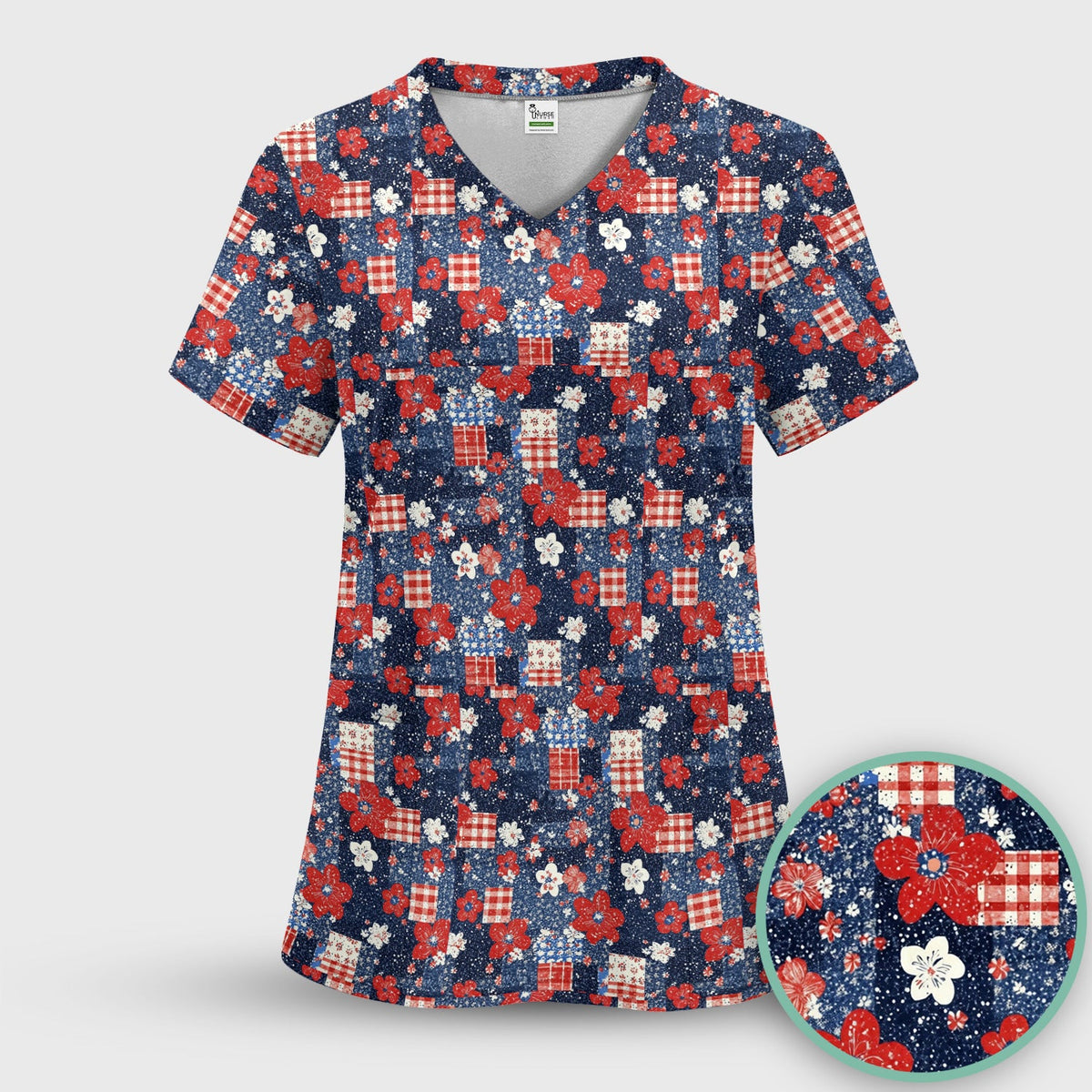 Patriotic Gingham Floral Patchwork Pattern Scrub Top, Comfortable Scrubs for Nurses