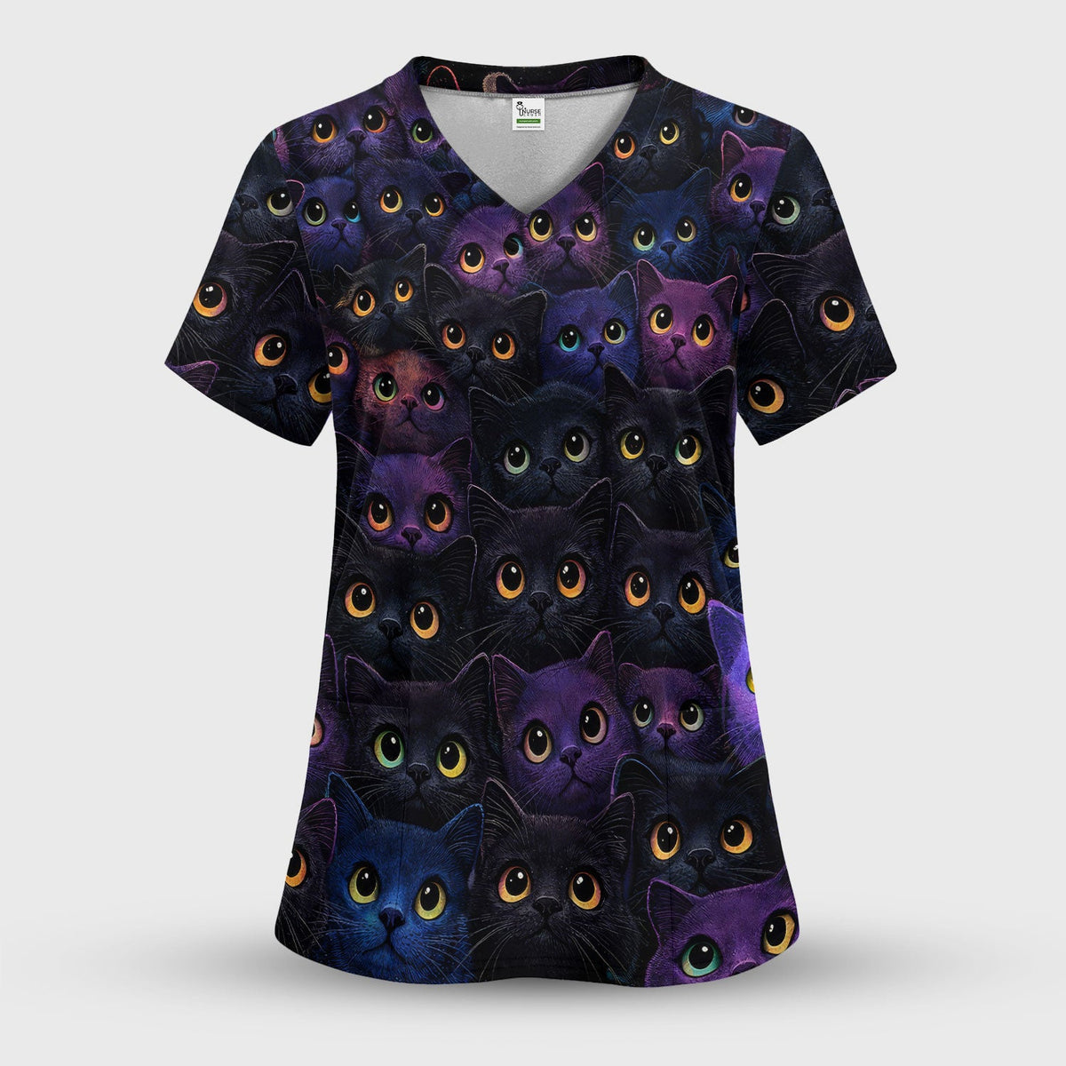 Cute Colorful Cat Eyes Pattern Scrub Set for Nurses, Scrub Pants and V Neck Top, Breathable Med Uniform