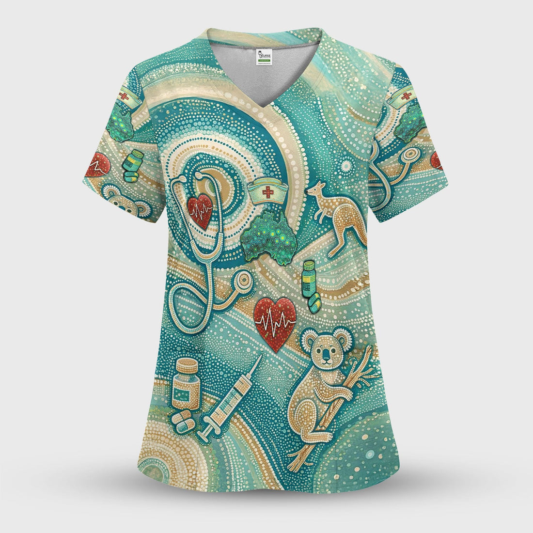 Australian Wildlife Dot Art Inspired Medical Scrub Top - Aussie Women V-Neck Shirt