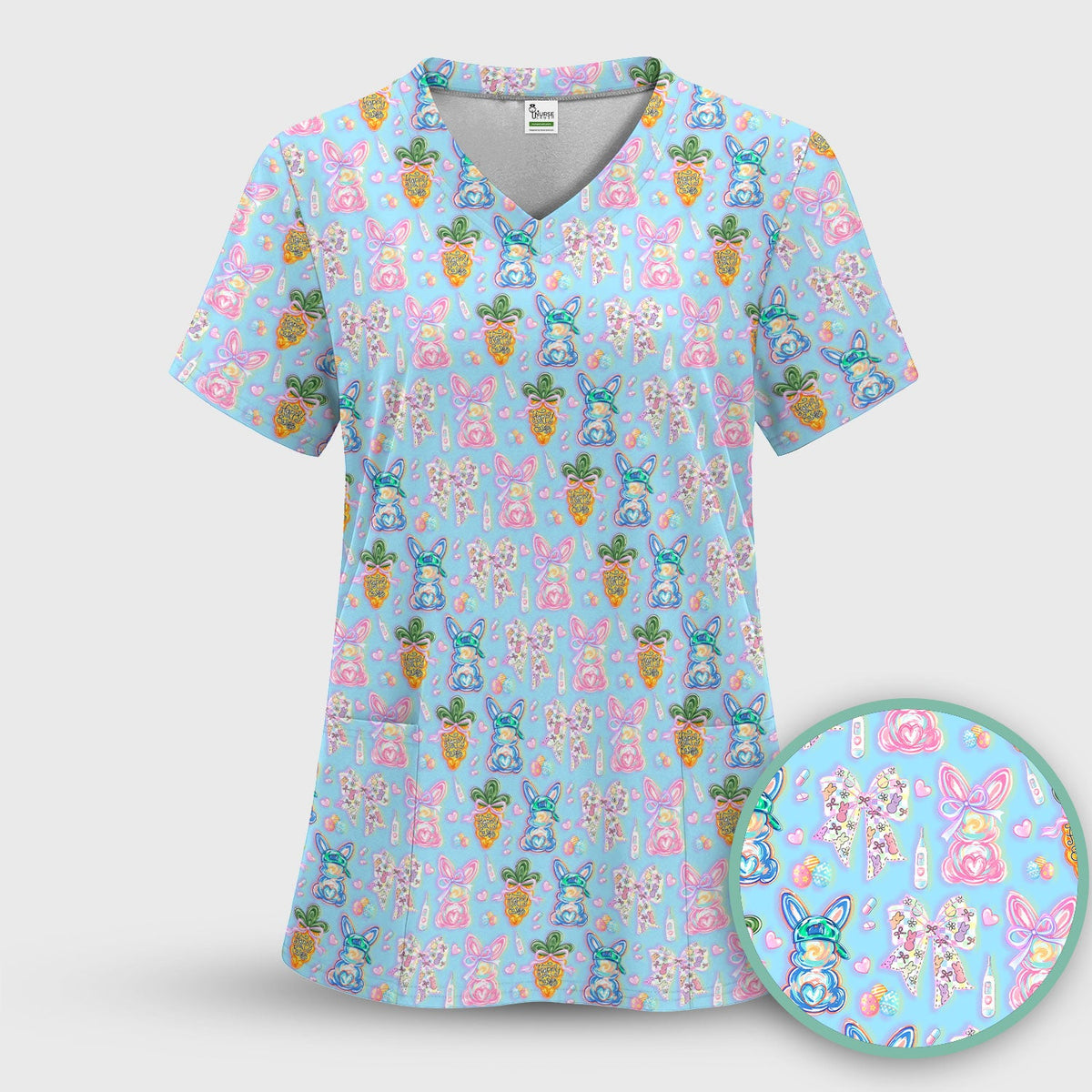 Bunny Carrot Bow Nurse Scrub Top - Easter Gift