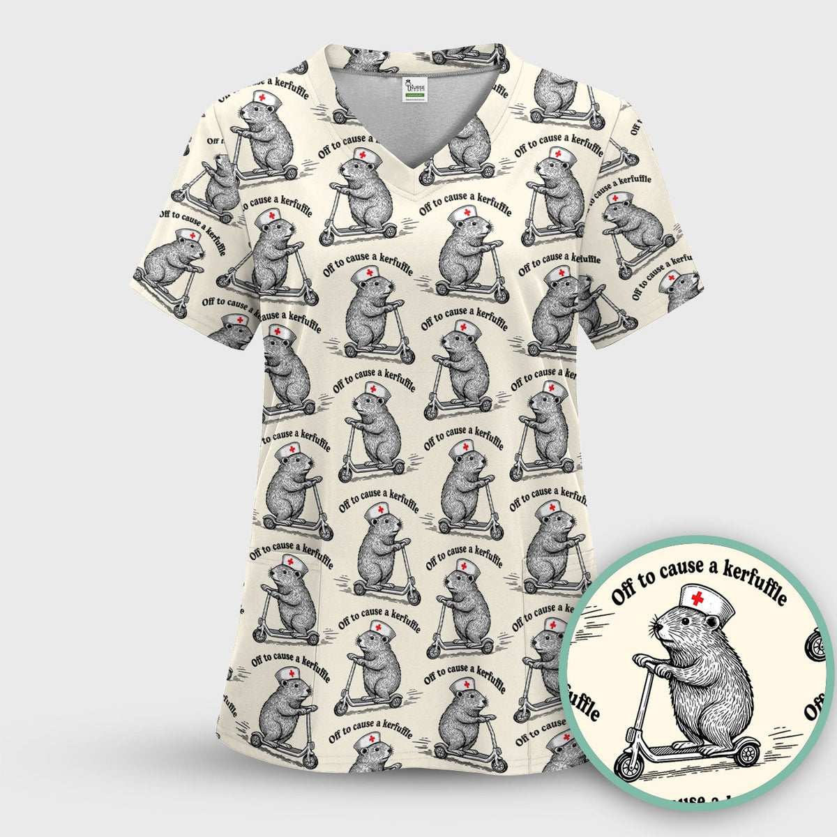 Funny Nurse Mouse Scooter Print Scrub Top, Comfortable Scrubs for Nurses