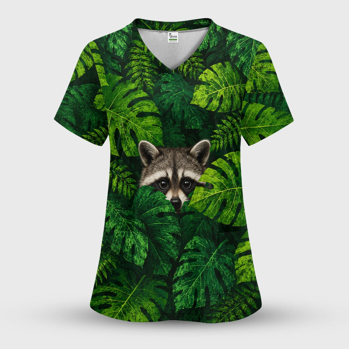 Raccoon Tropical Leaf Nurse Scrub Top