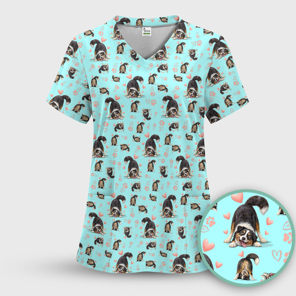 Playful Dog Heart Medical Print Scrub Top, Breathable Fabrics Nursing Uniform