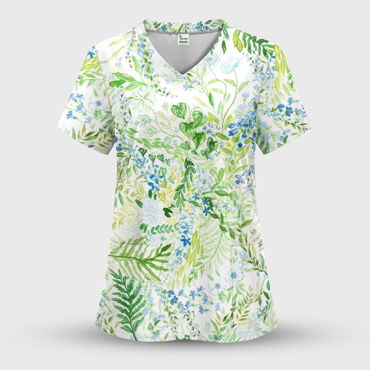 Green Botanical Floral Nurse Scrub Top