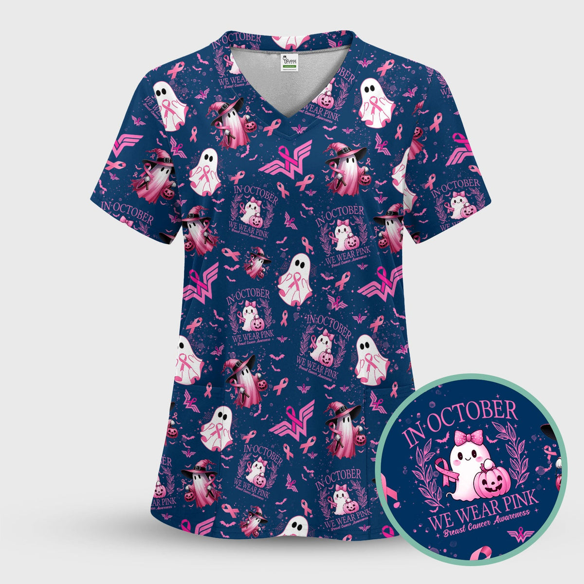 Pink Ribbon Ghost Witch Nurse Scrub Top - Breast Cancer Gift