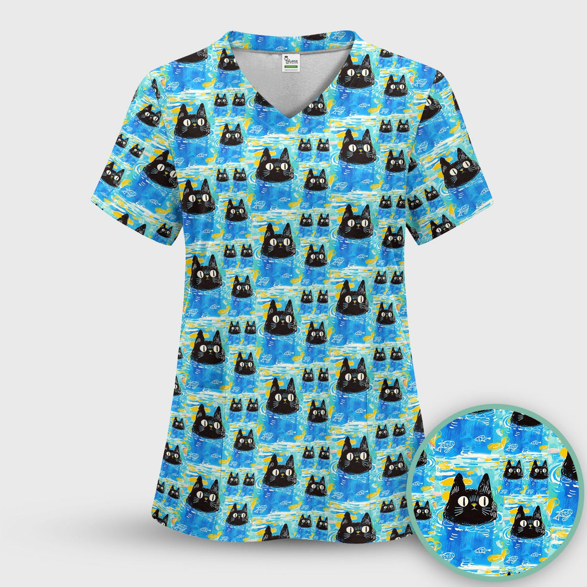 Black Cat Swimming In Blue Water Nurse Scrub Set