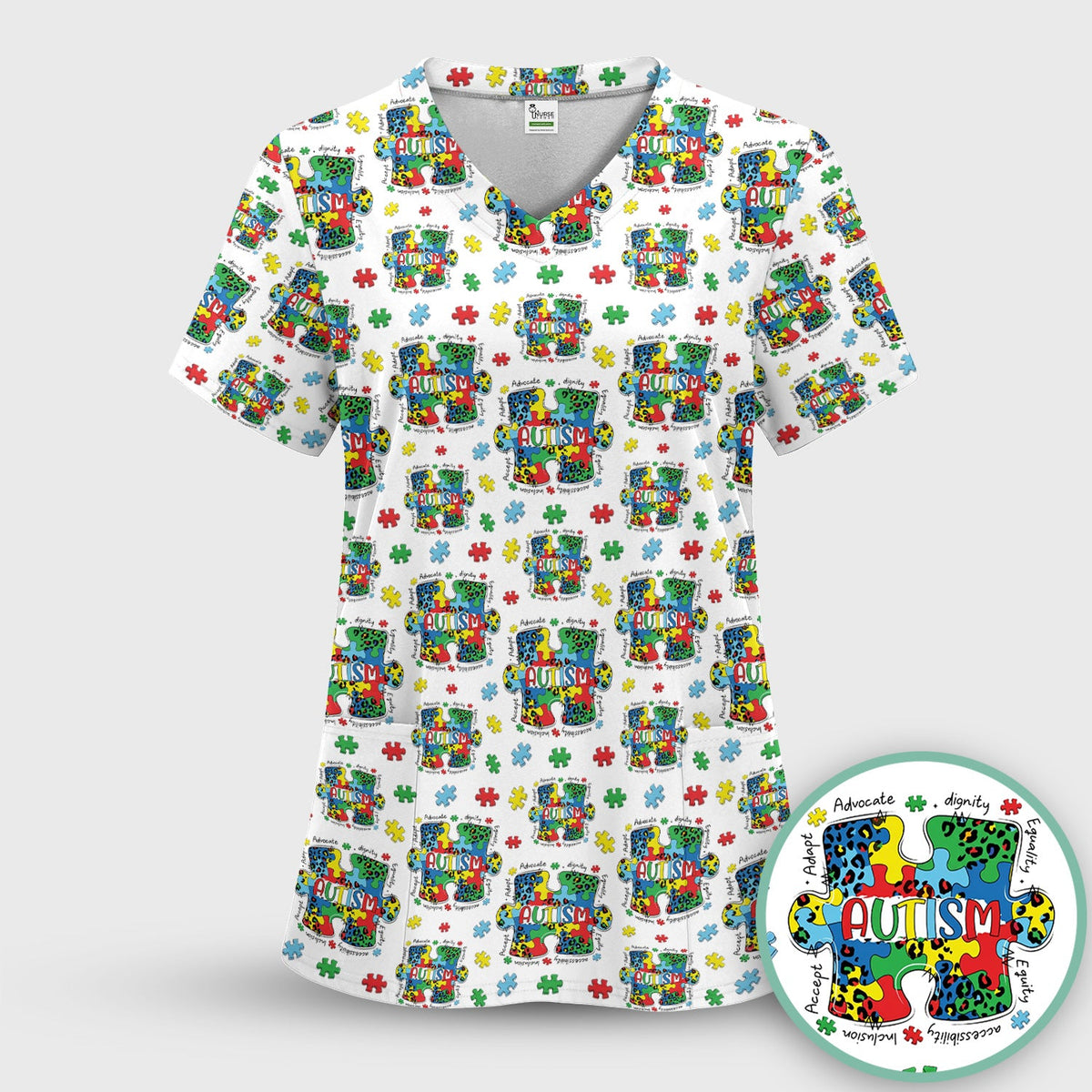 Autism Awareness Puzzle Black White Nurse Scrub Top