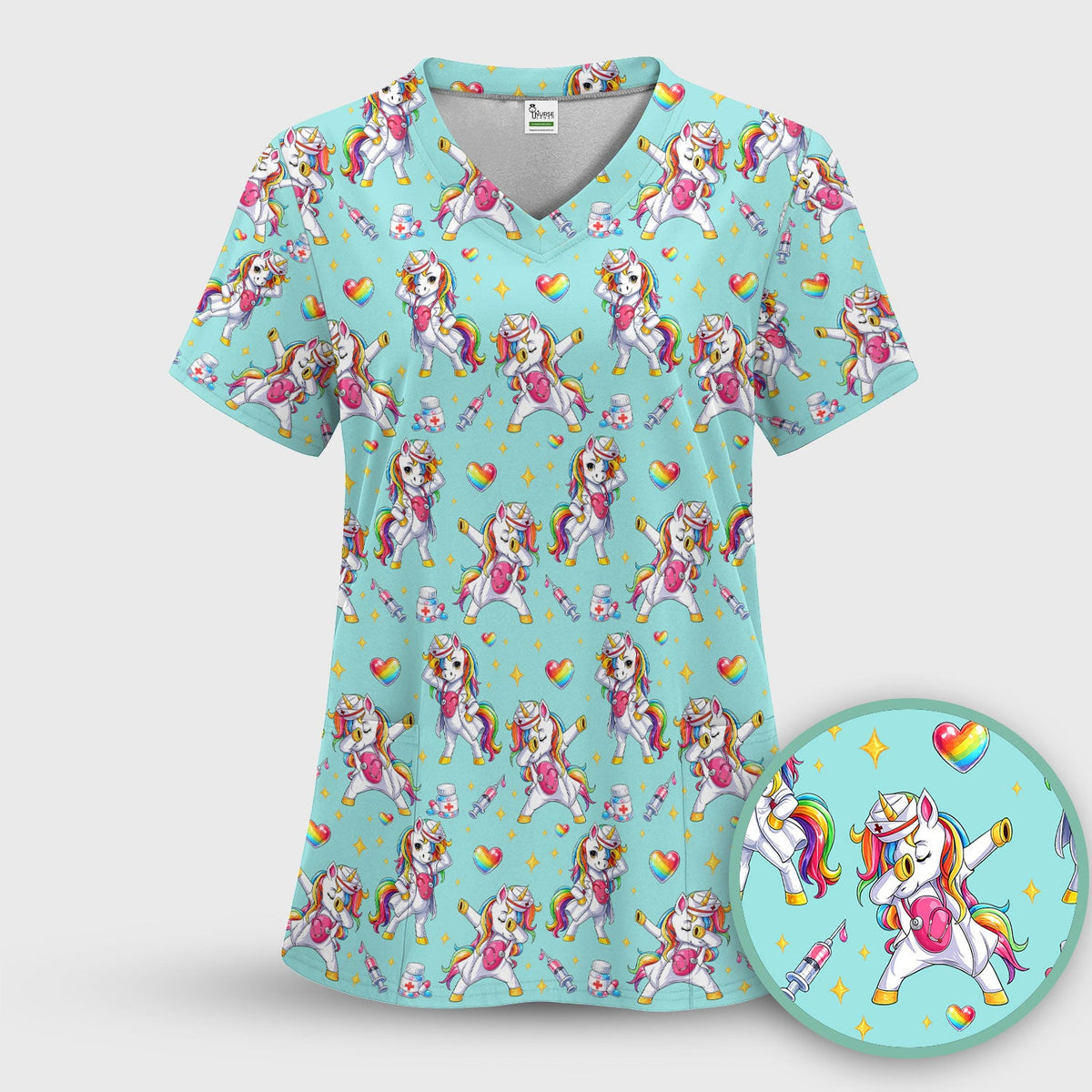 Playful Nurse Unicorn Rainbow Pattern Scrub Top, Comfortable Scrubs for Nurses