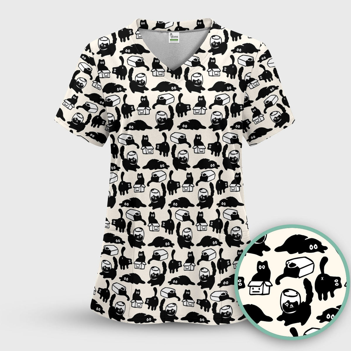 Dark Playful Cat Nurse Scrub Top