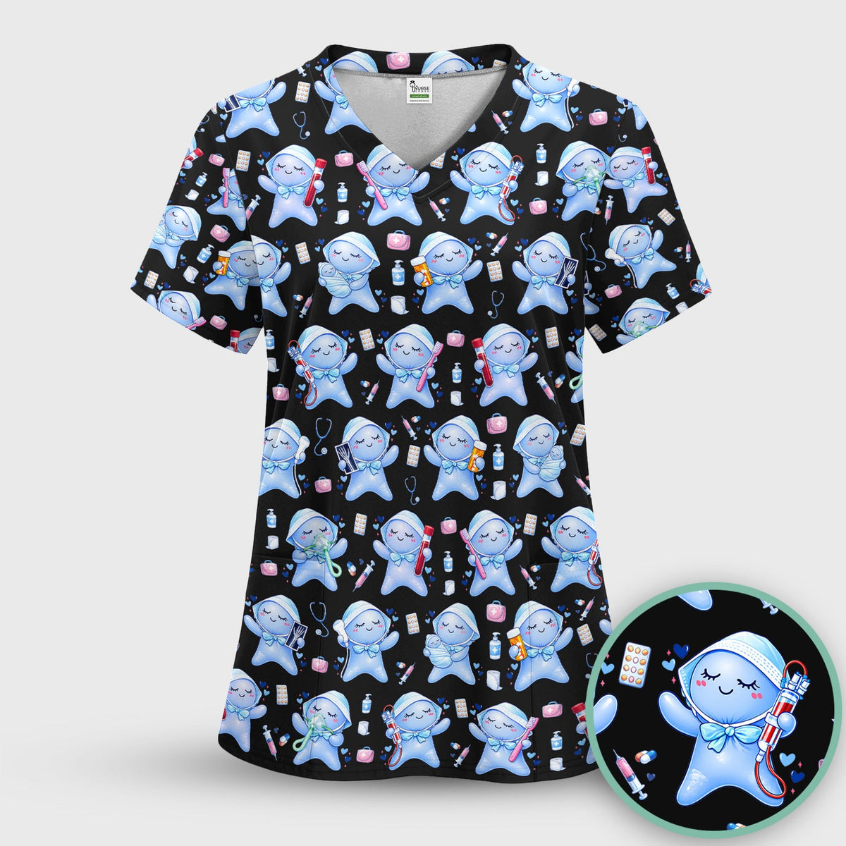 Dental Tooth Character Nurse Scrub Top