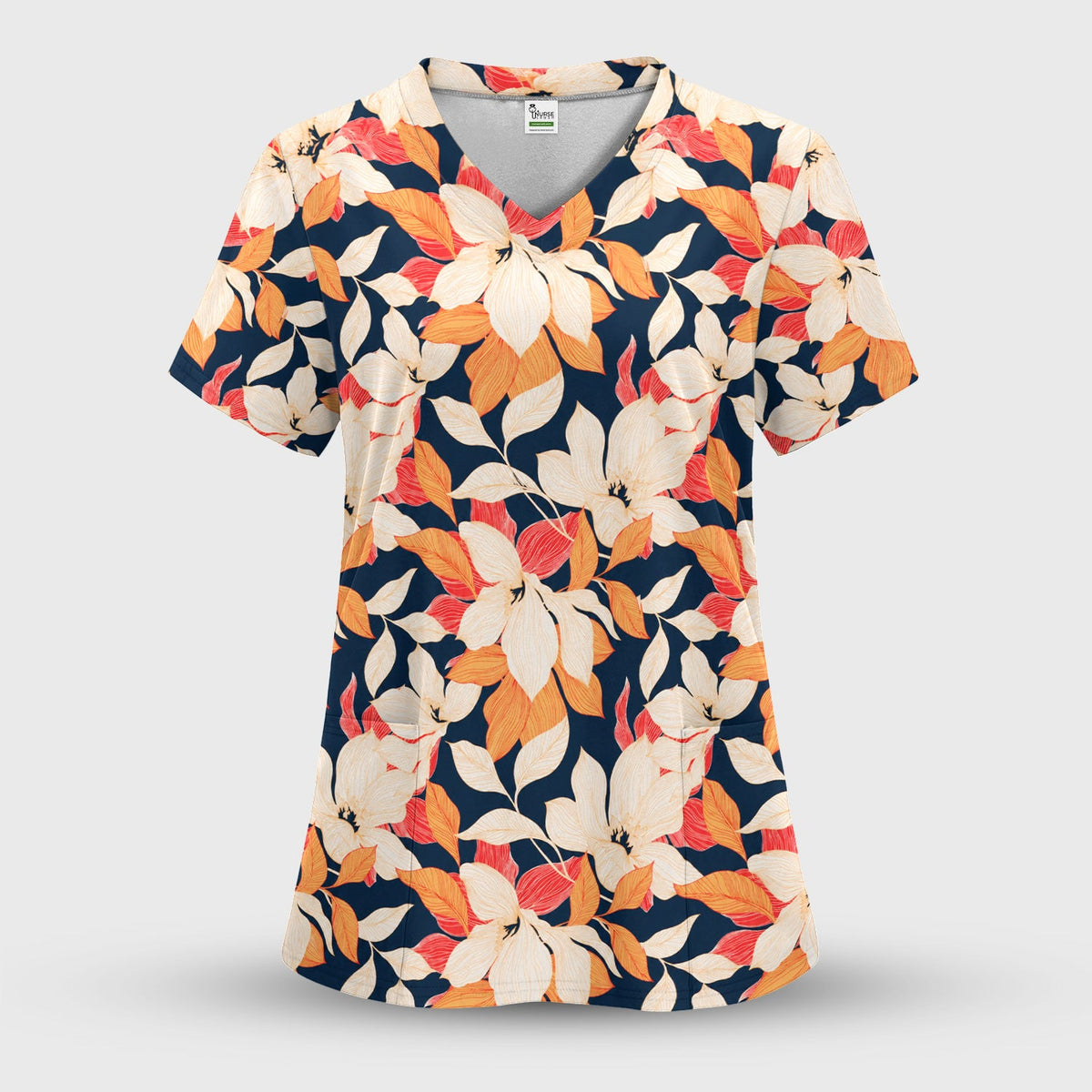 Elegant Ivory Lily Leaves Nurse Scrub Top