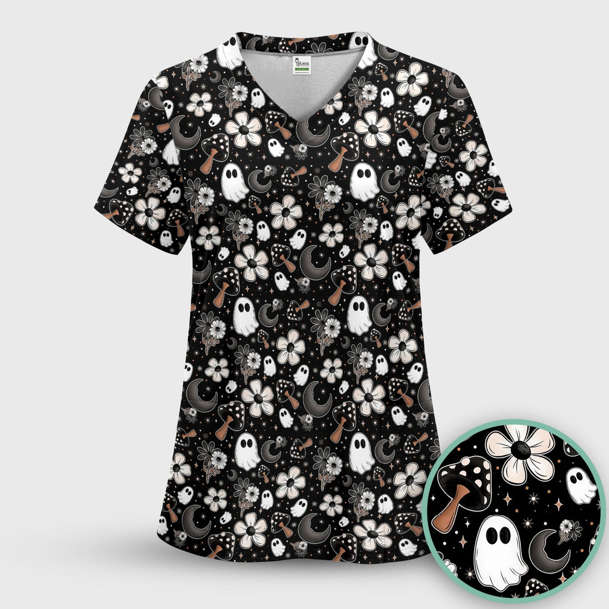 Floral Mushroom Ghost Nurse Scrub Set