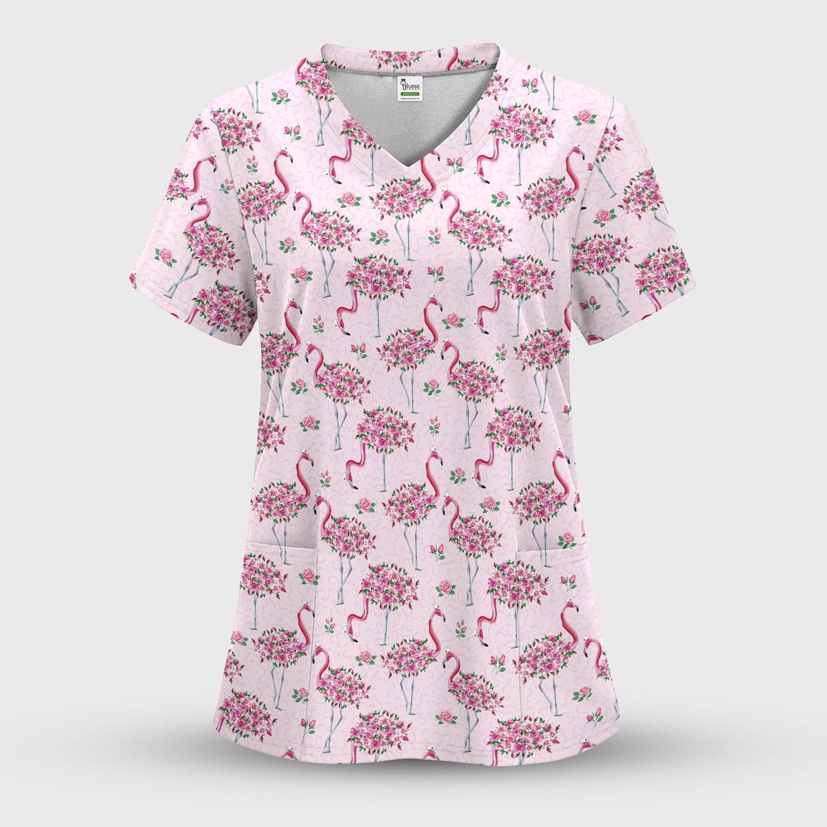 Pink Flamingo Floral Pattern Scrub Top, Comfortable Scrubs for Nurses