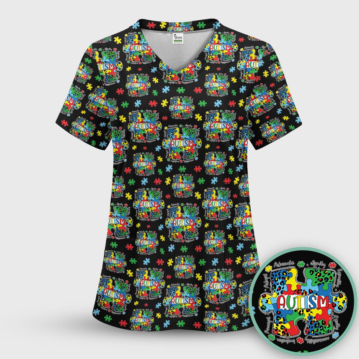 Autism Awareness Puzzle Black White Nurse Scrub Top