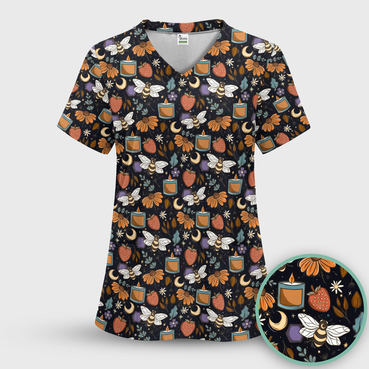Bee Strawberry Floral Candle Nurse Scrub Top