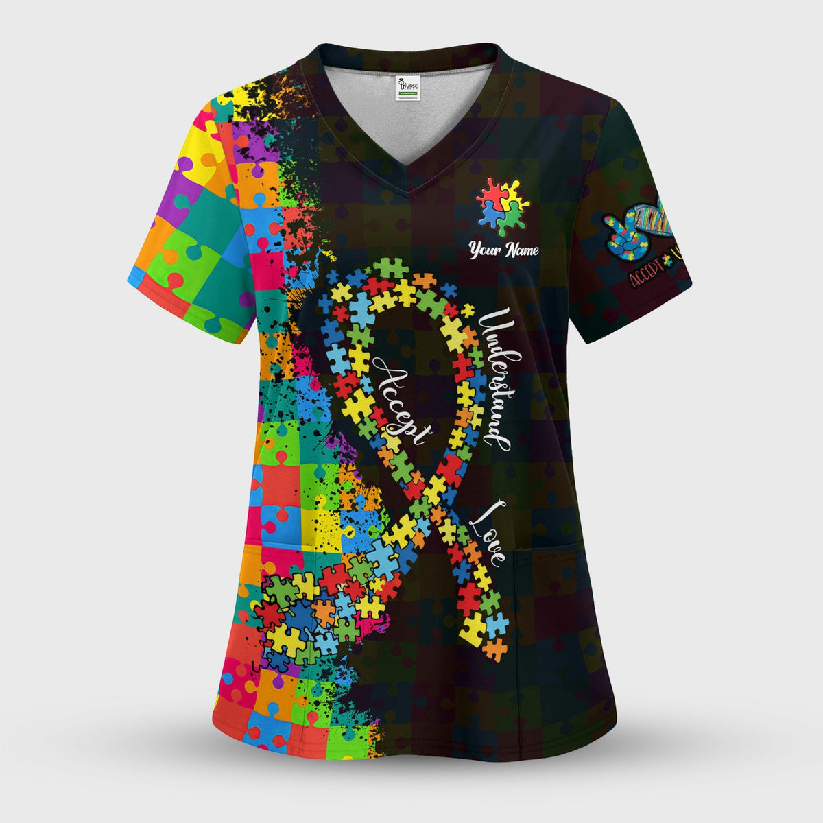 Personalized Autism Awareness Puzzle Ribbon Nurse Scrub Set