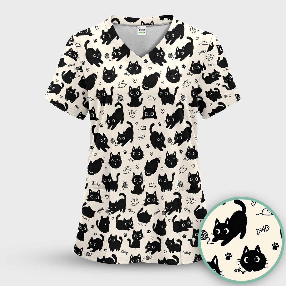 Playful Black Cat Nurse Scrub Set
