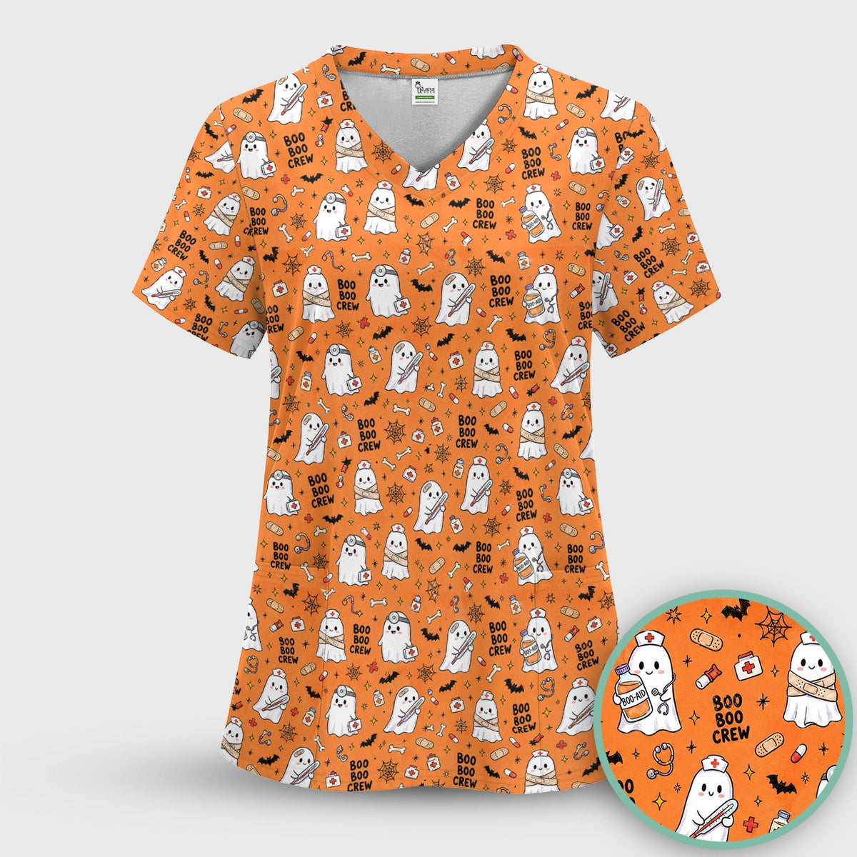 Cute Halloween Boo Boo Crew Ghost Scrub Top, Comfortable Scrubs for Nurses