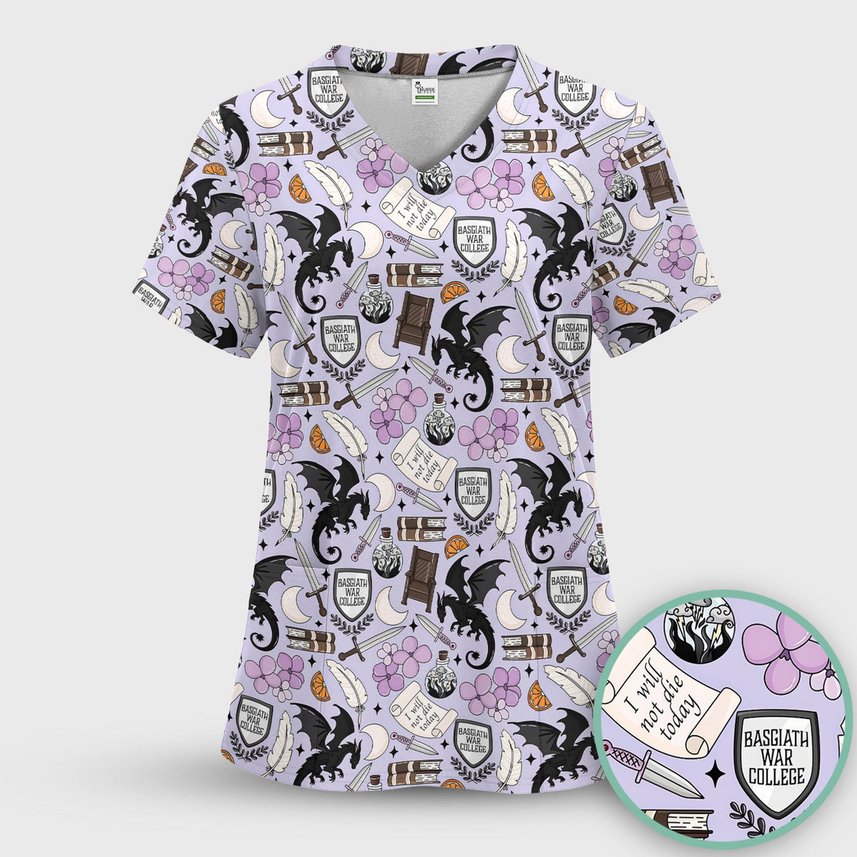 Spooky Gothic Fantasy Dragon Pattern Scrub Set, Scrub Pants and V Neck Top