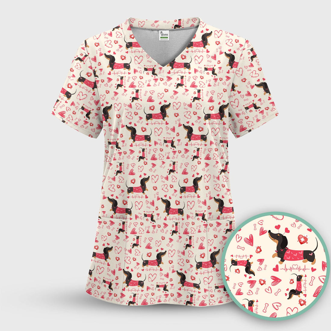 Dachshund Valentine Heart Nurse Scrub Top