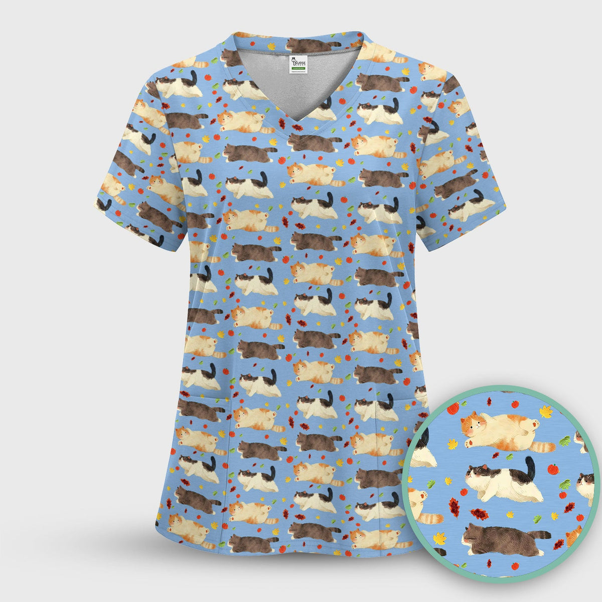 Chubby Cat Autumn Leaves Nurse Scrub Top