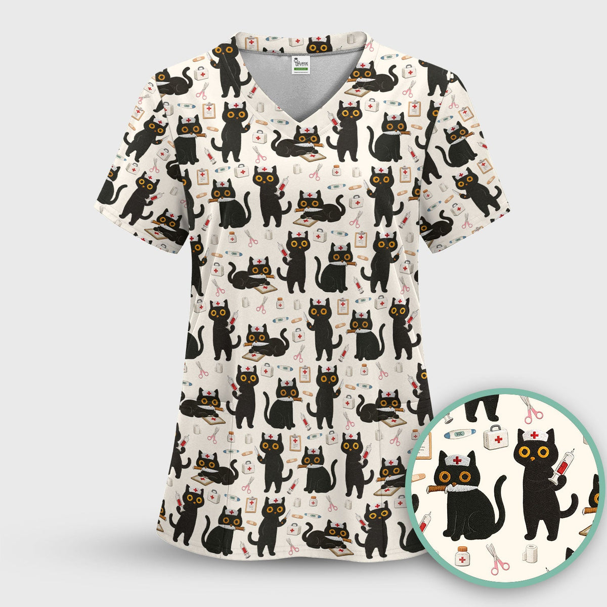 Cute Black Cat Nurse Scrub Top