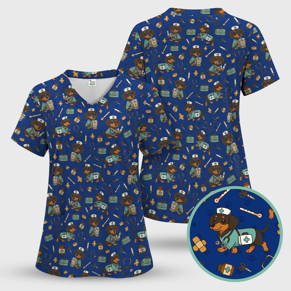 Funny Dachshund Nurse Scrubs Set - Cute Dog Print Medical Shirt - Holiday Nurse Scrub Top Gift for RN CNA Doctor, Women & Men