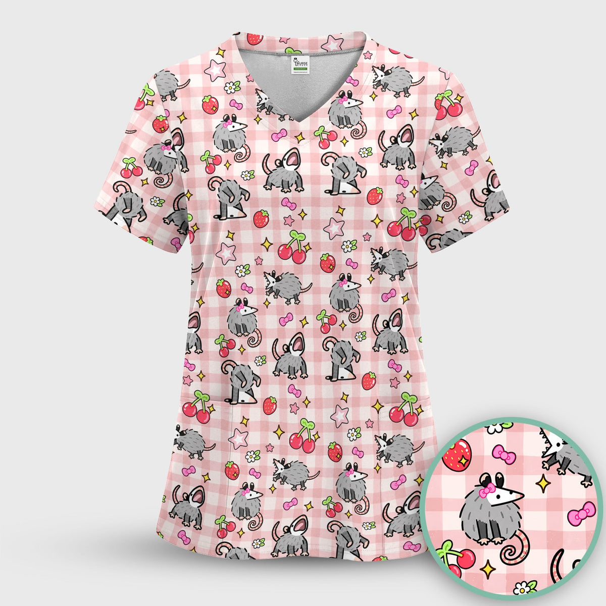 Opossum And Cherries Gingham Nurse Scrub Set