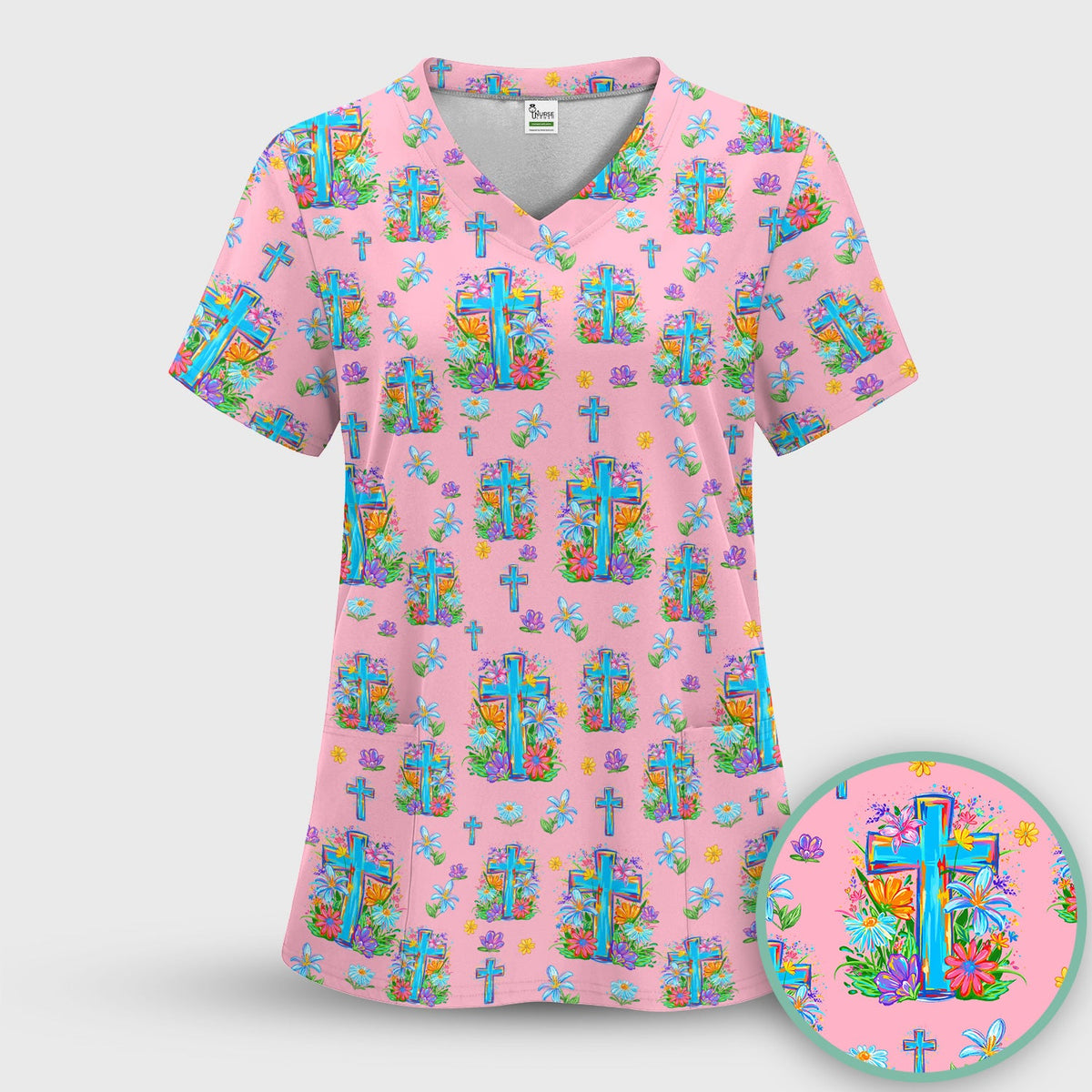 Christian Floral Cross Spring Nurse Scrub Set