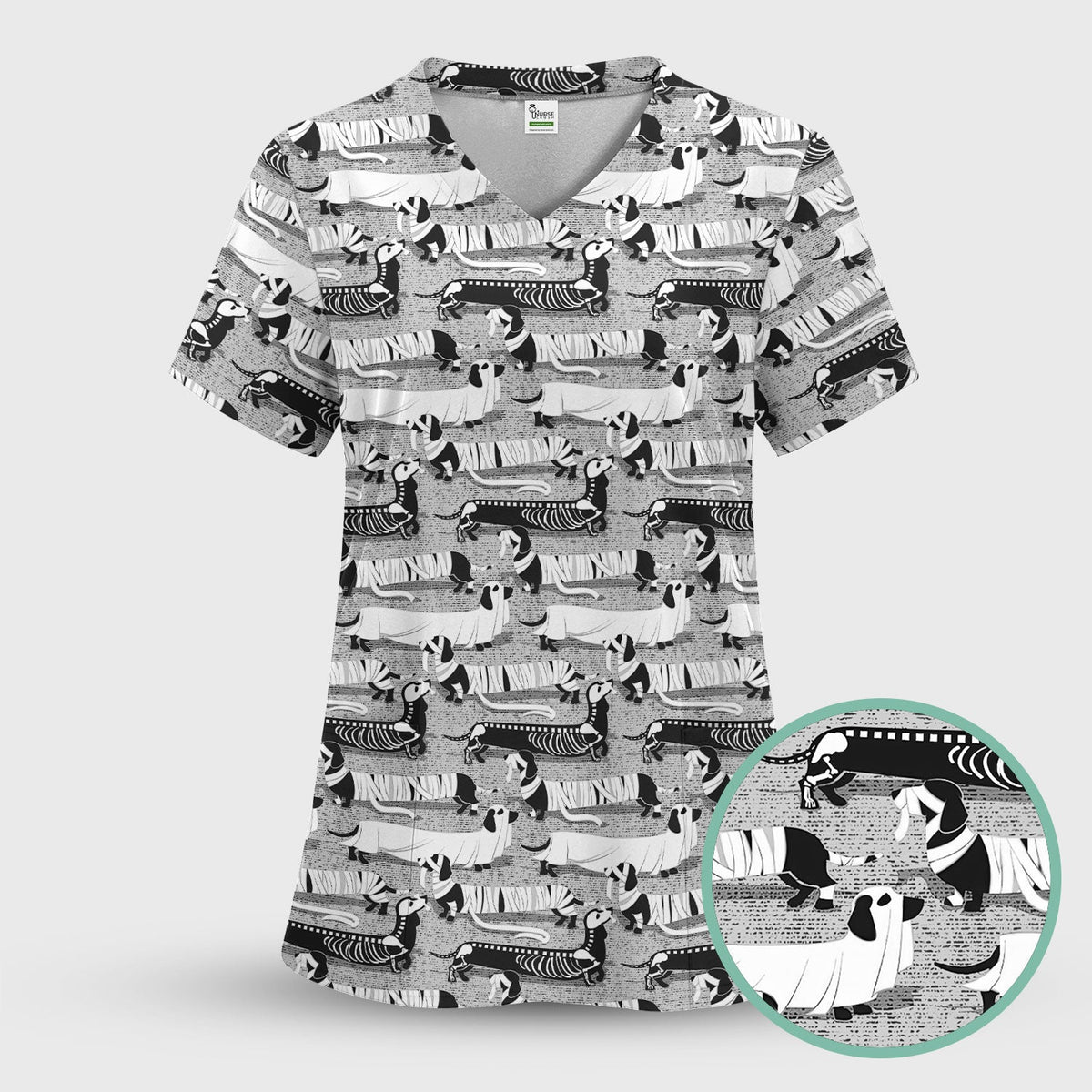 Halloween Dachshund Scrub Top - Funny Dog Skeleton Scrub Shirt Multi Color - Cute Halloween Scrubs Gift for Nurse, CNA, RN, Doctor