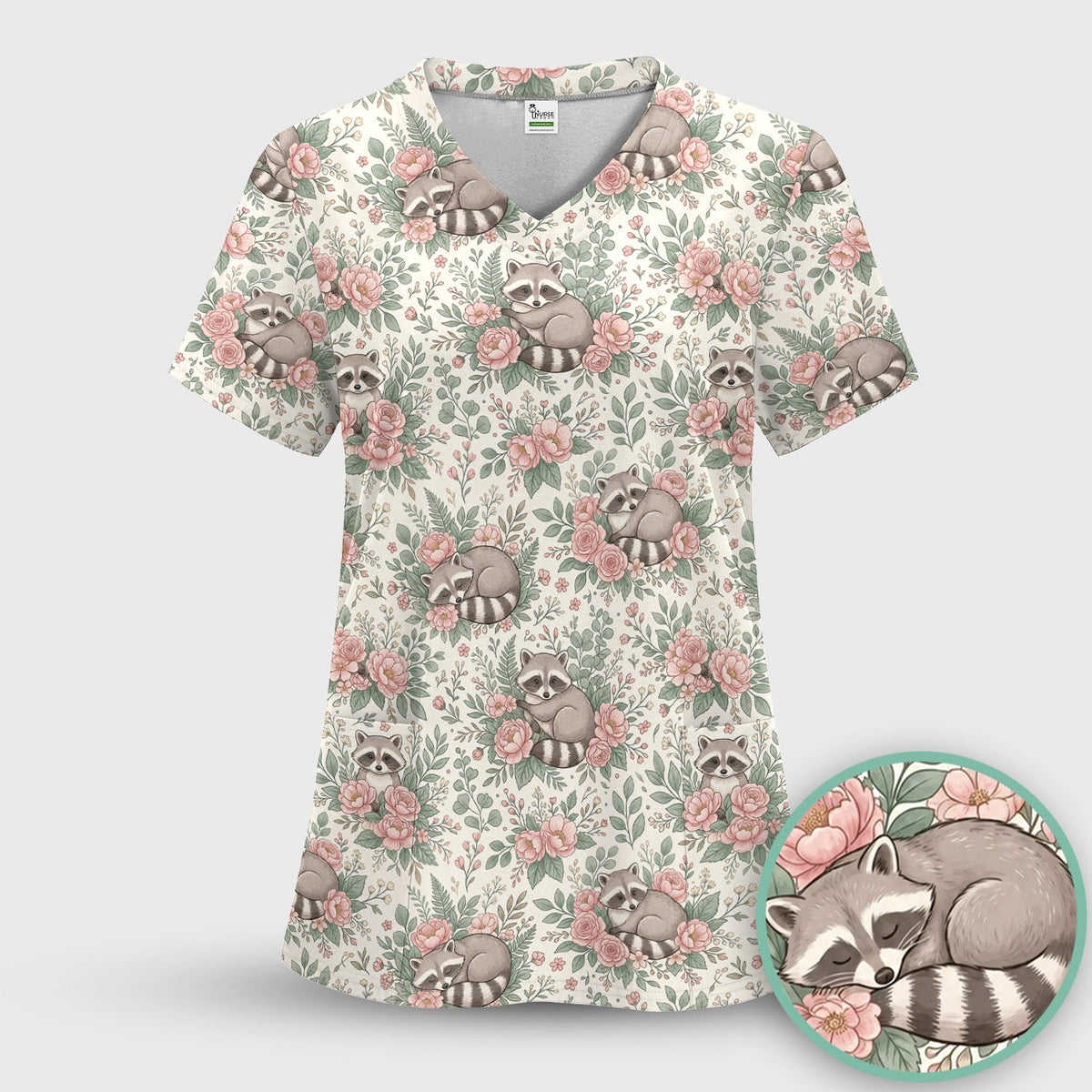 Sleeping Raccoon Rose Garden Nurse Scrub Top
