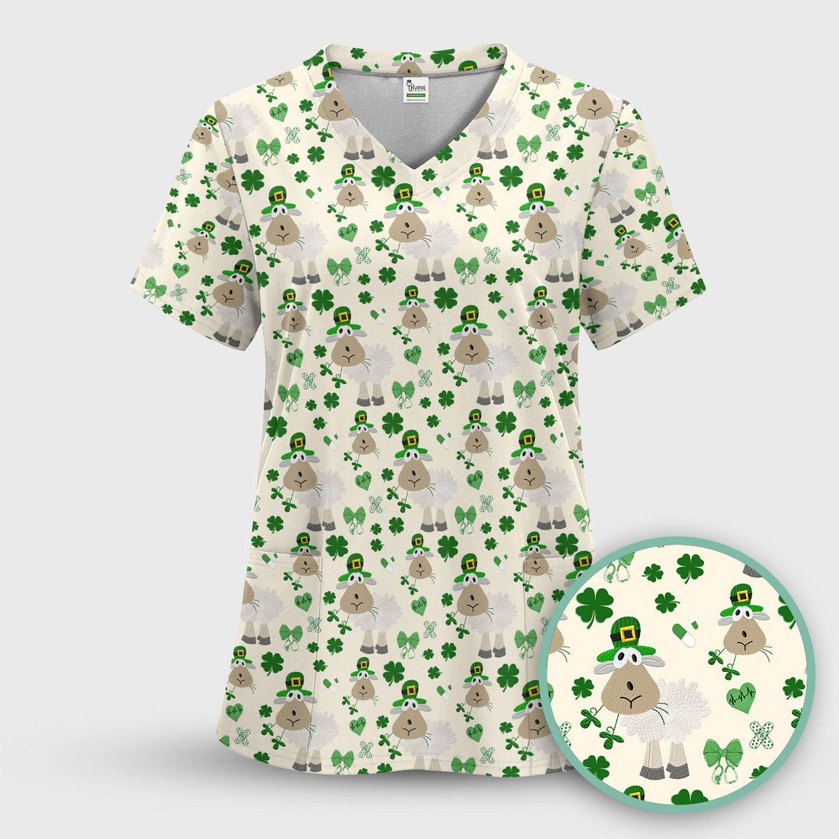 Nurse St. Patrick's Day Scrubs Top, Cute Sheep Shamrock Pattern Nurse Shirt, Breathable Fabrics Nursing Uniform