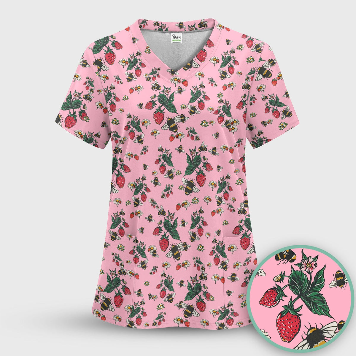 Strawberry Bee Daisy Nurse Scrub Top