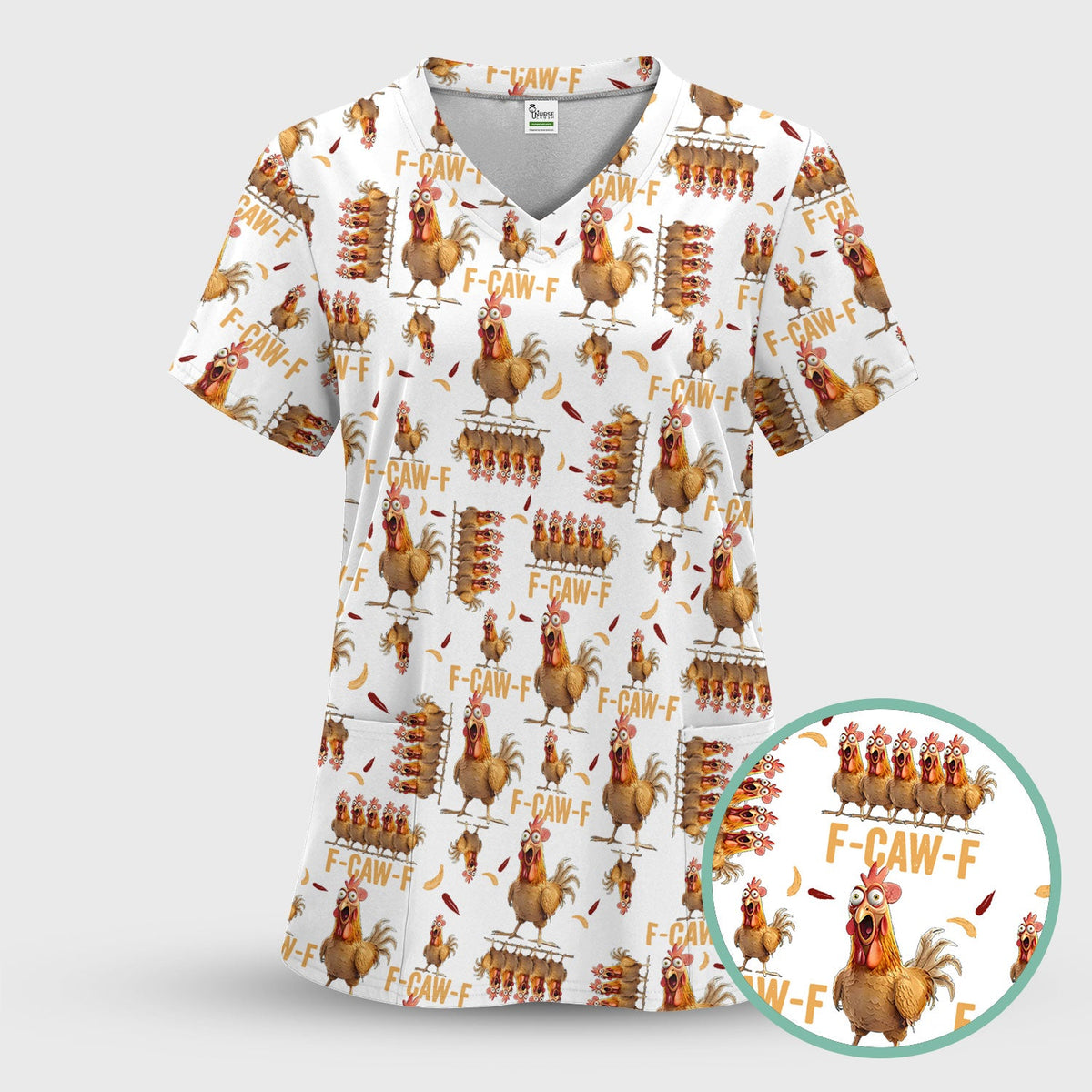Funny Chicken Nurse Scrub Top for Women - Crazy Rooster F-CAW-F Medical Shirt - Quirky Farm Animal Nursing Uniform Gift RN LPN CNA