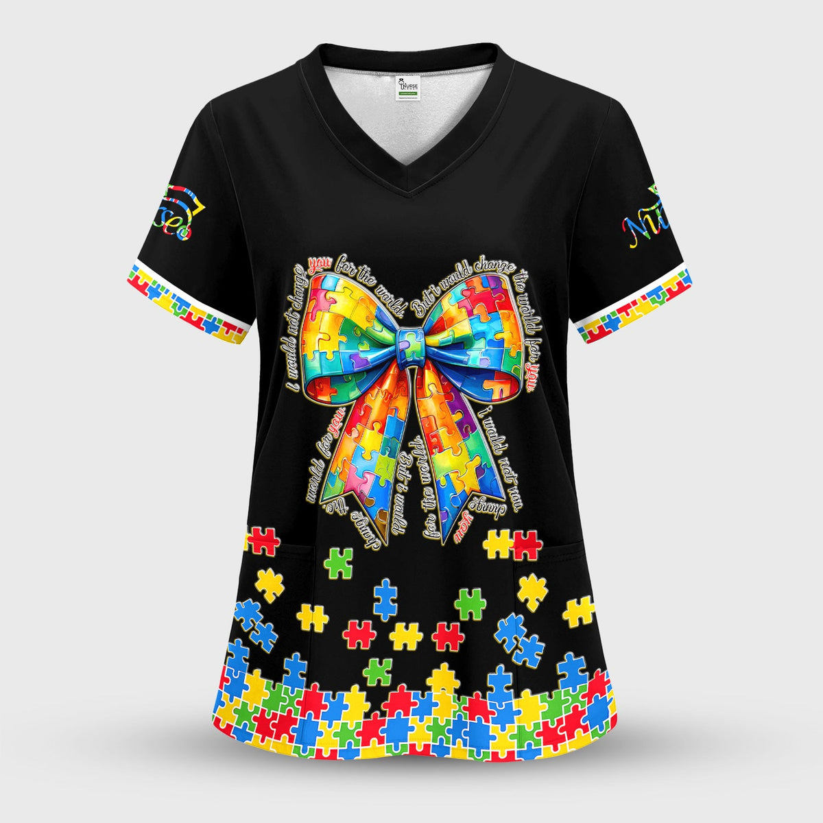 Autism Puzzle Bow Colorful Pieces Nurse Scrub Top