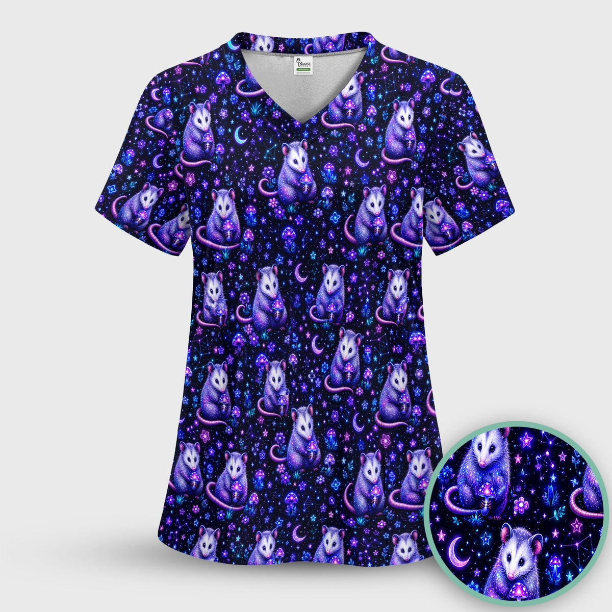Neon Opossum Mushroom Galaxy Nurse Scrub Top