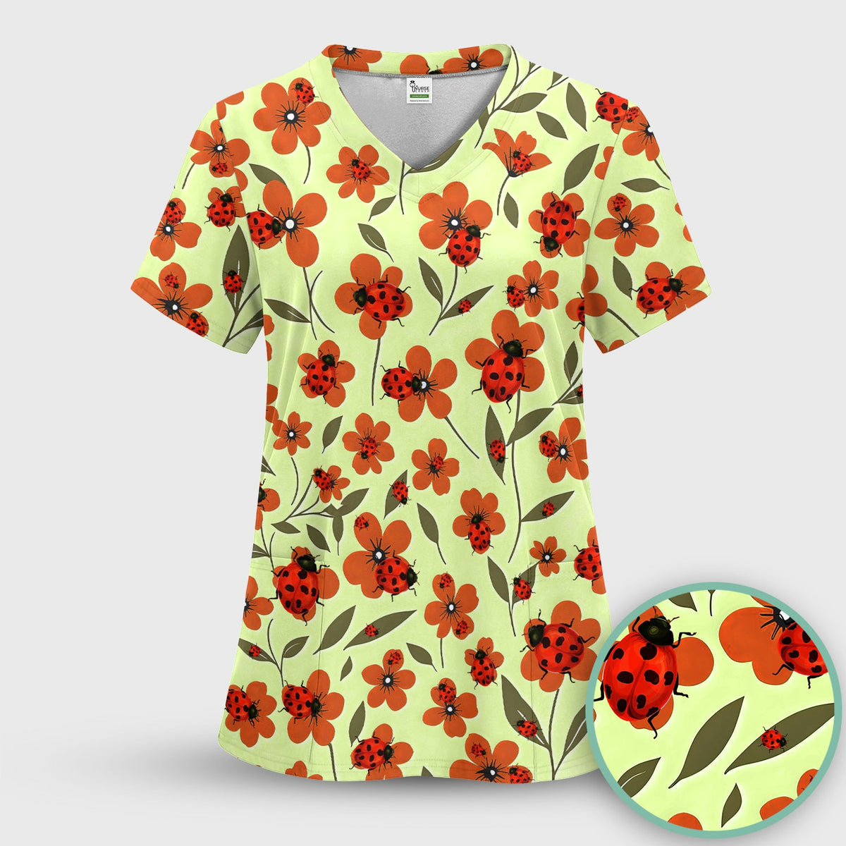 Ladybug Orange Floral Garden Nurse Scrub Set