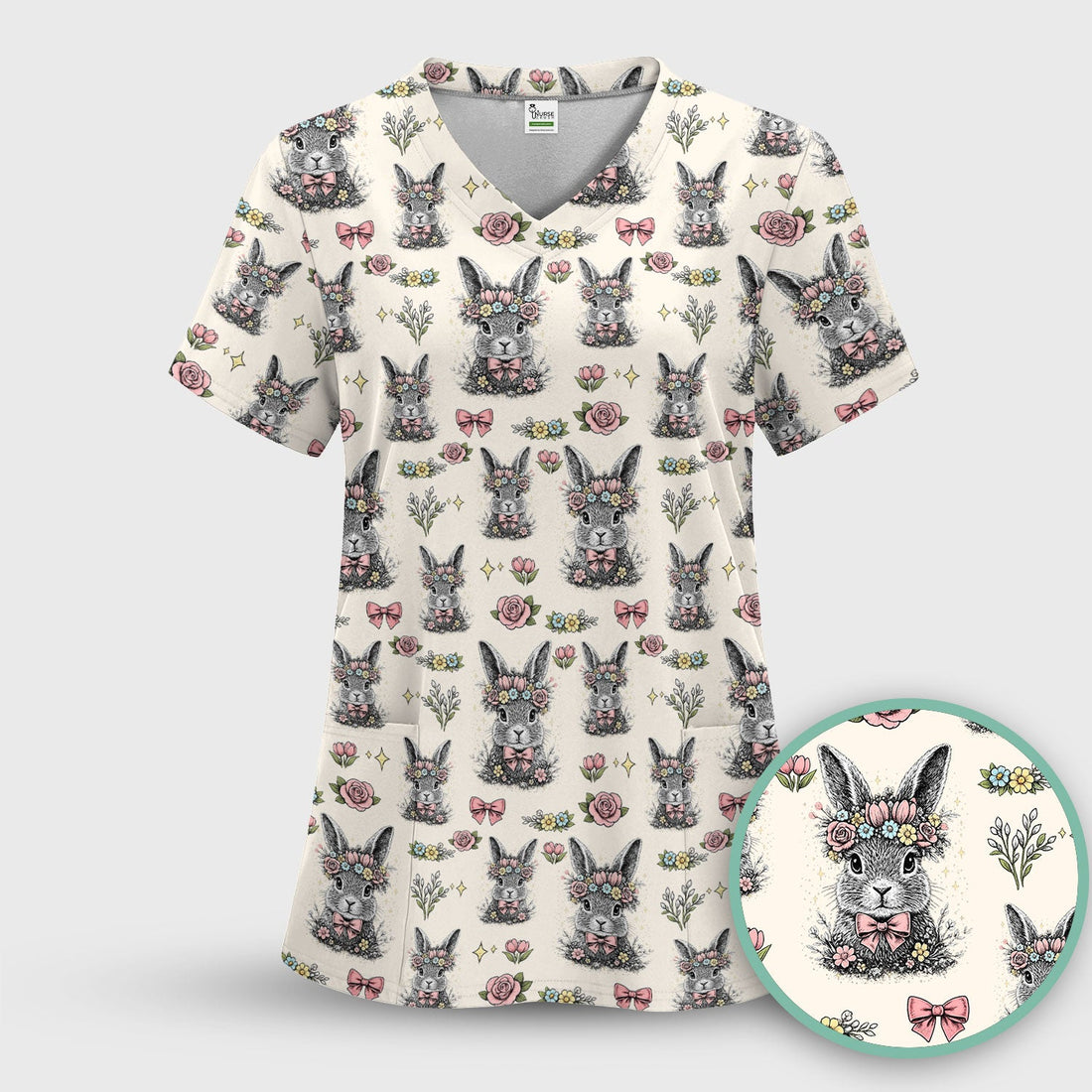 Easter Vintage Floral Bunny Print Scrub Top, Comfortable Scrubs for Nurses