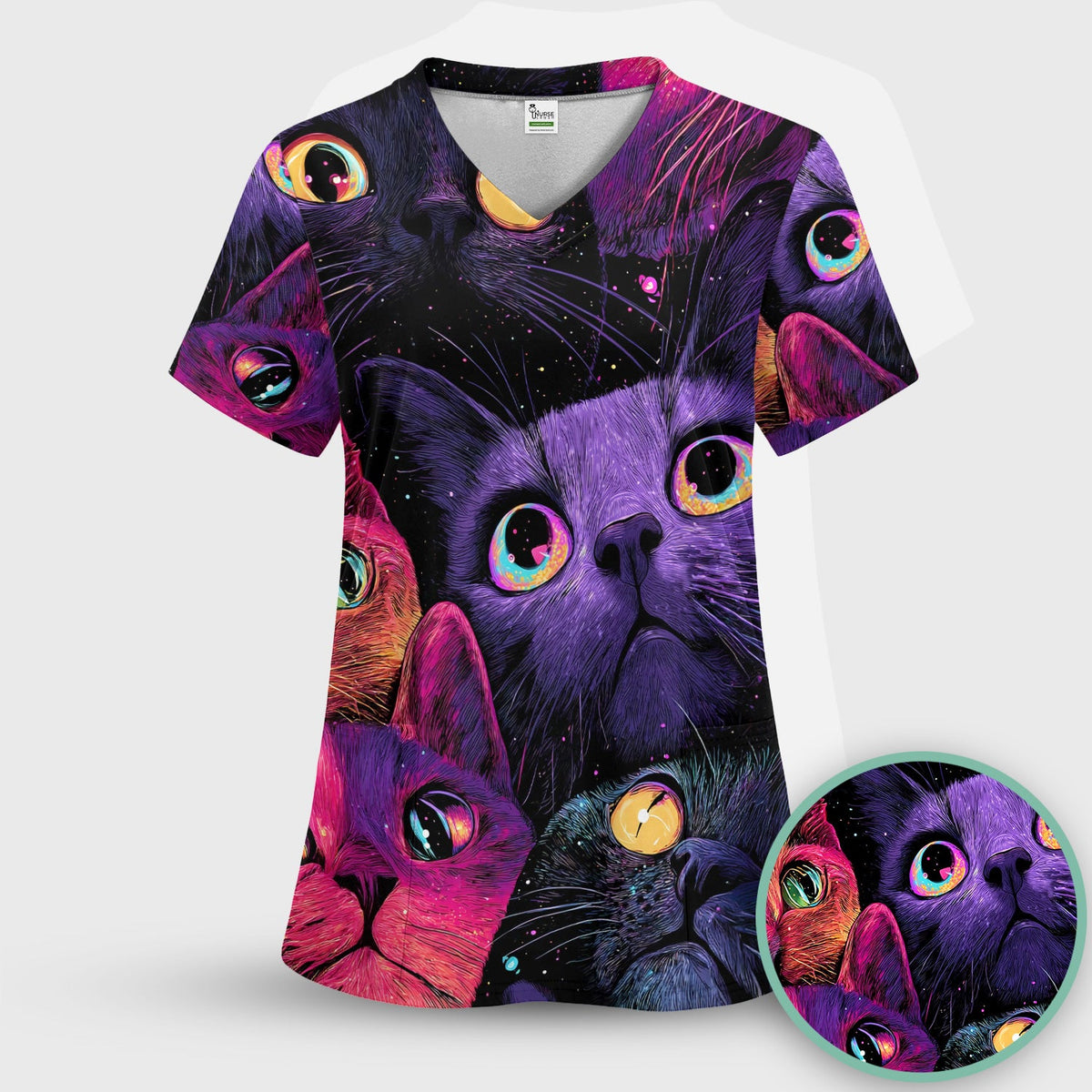Colorful Neon Cat Faces Nurse Scrub Set